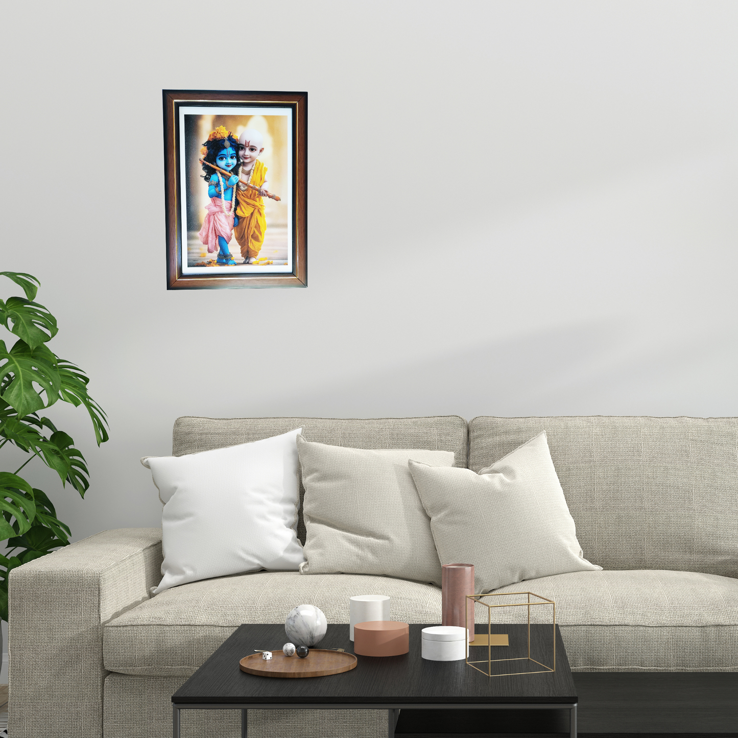 Krishna and Sudama holding flute digital painting with sparkle lamination