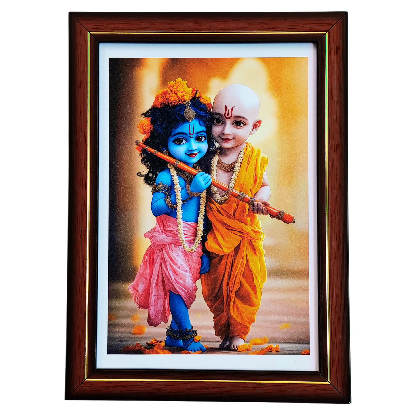 Krishna and Sudama holding flute digital painting with sparkle lamination